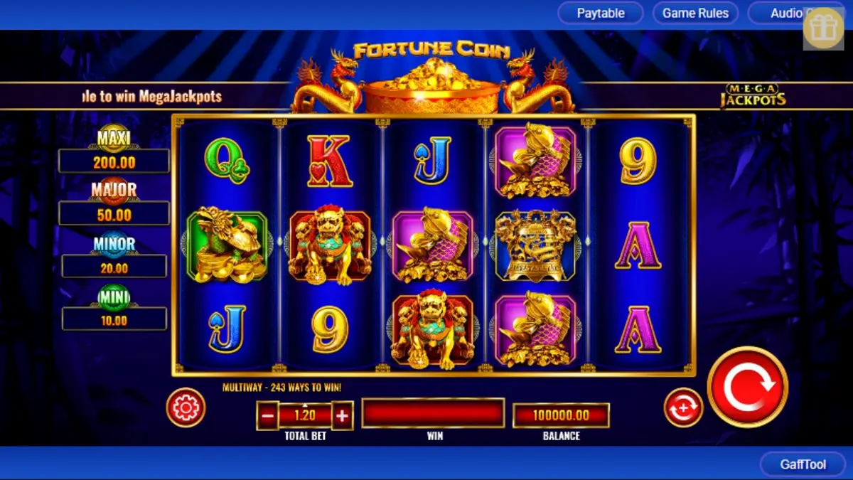 Tampilan visual Fortune Coin Mega Jackpot dengan nuansa emas dan simbol naga